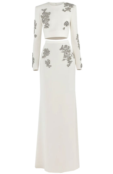 Long Sleeve Crystal Two Piece Maxi Dress White