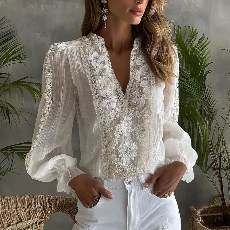 Women's Floral Embroidery Casual Linen Blend V-neck T-shirt