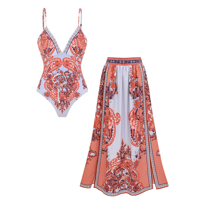 V-neck Retro Paisley Print Swimsuit Set(s)