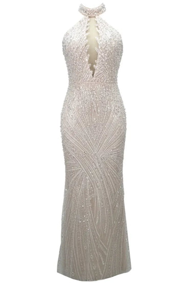 Halter Pearl Sequin Maxi Dress White Nude
