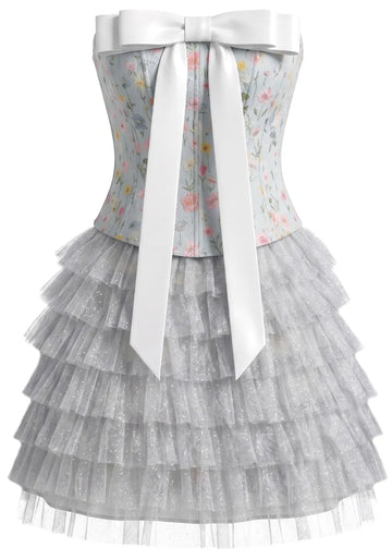 Strapless Floral Mesh Ruffle Dress Blue