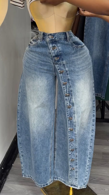 Button Front Wide Leg Denim Pants