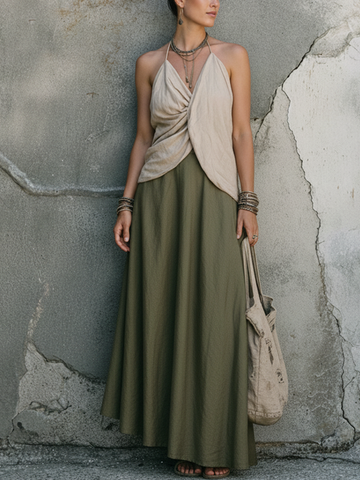 Women's Relaxed-Fit Off-White Cotton-Linen Halter Top And Olive Green Cotton-Linen Midi Skirt Set MDZ2357D0GMJ
