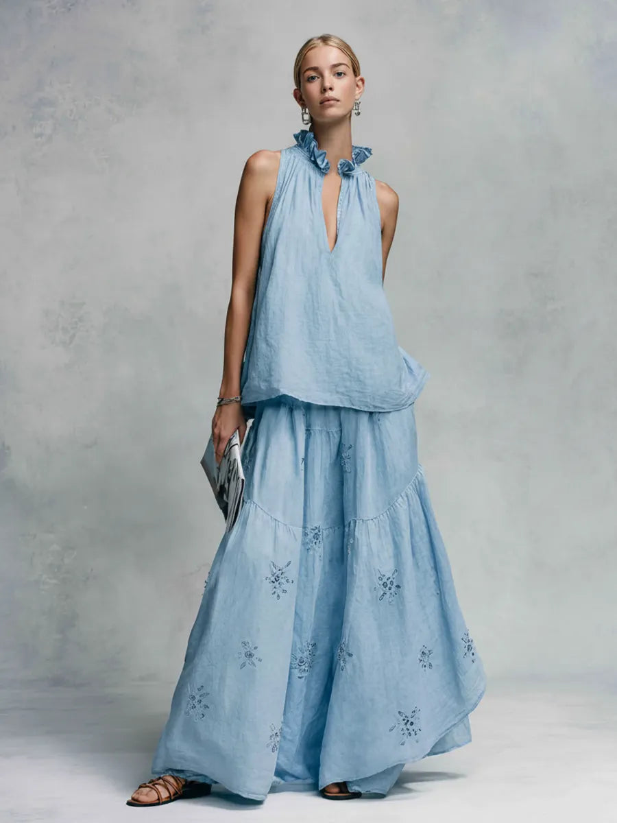 Women's Vacation Light Blue Linen-Cotton Embroidered Ruffle Collar Sleeveless Maxi Dress MDZ2362D7GMJ