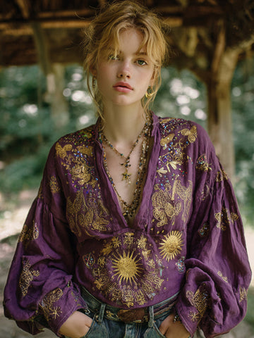 Mysterious Sun And Moon Art V-neck Linen Top