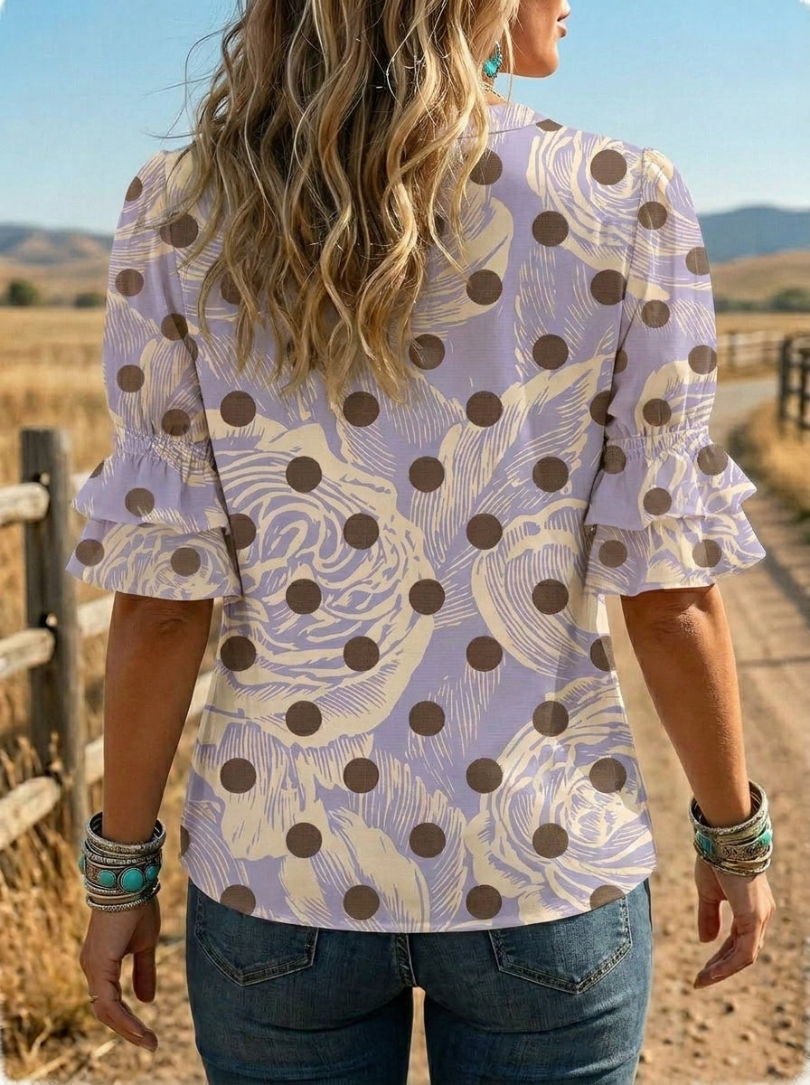 Women's Retro Polka Dot Floral Puff Sleeve Casual Shirt