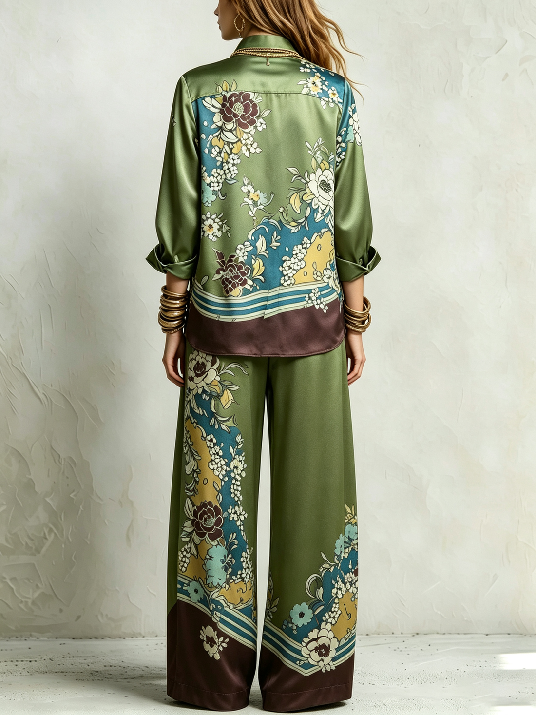 Bohemian Green Floral Print Shirt And Drawstring Wide-leg Pants Suit