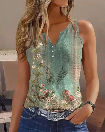 CHICME Women's Casual Floral Print Tank Top Sleeveless Notch Neck Vest with Rhinestone Accents