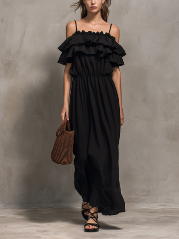 Women's Casual Black Cotton-Linen Maxi Dress — Strappy, Ruffled, Strapless-Style, Sleeveless MDZ2332D4LXY