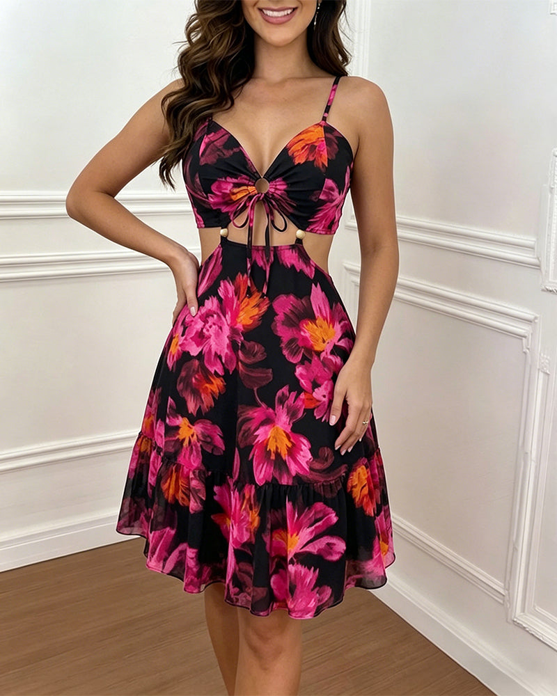 Women's Vintage Floral Print Mini Dress Sexy Sweetheart Neck Cut Out Sundress Backless Ruched A-Line Vacation Dress