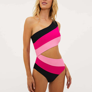 Contrasting Colors Hollow One Piece Swimsuit