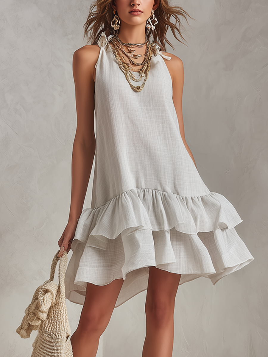 Bohemian Style Cotton And Linen Ruffled Sundress