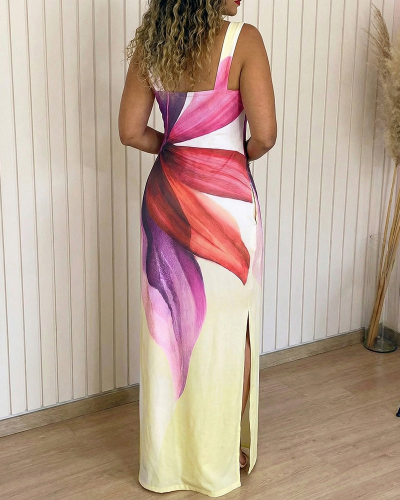 Women's Floral Print Maxi Dress Square Neck Thick Strap Sundress Casual Side Slit Vacation Dress with Pockets