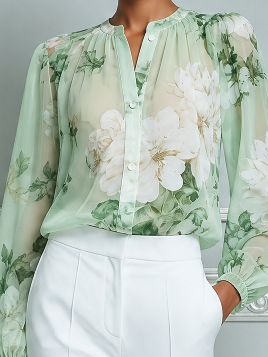 Mint Floral Chiffon Button Front Blouse