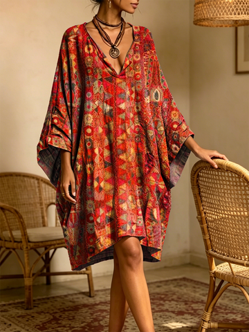 Women's Retro Ethnic Art Print Casual Three-quarter Sleeve V-neck Cotton Linen Short Dress