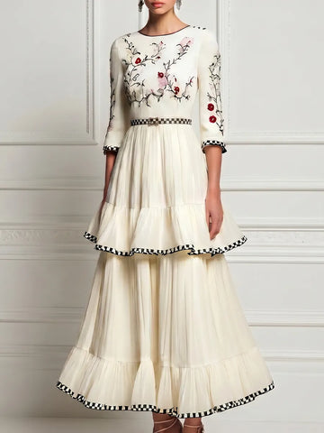 White Crew-Neck Floral Embroidered A-Line Maxi Dress With Tiered Ruffles