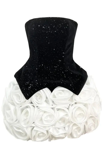 Sparkly Strapless Floral Corset Dress Black White