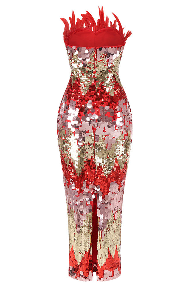 Strapless Feather Sequin Maxi Dress Red Gold