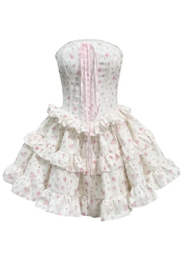 Strapless Floral Ruffle Corset Dress White Pink