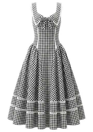 Gingham Corset A Line Midi Dress Black