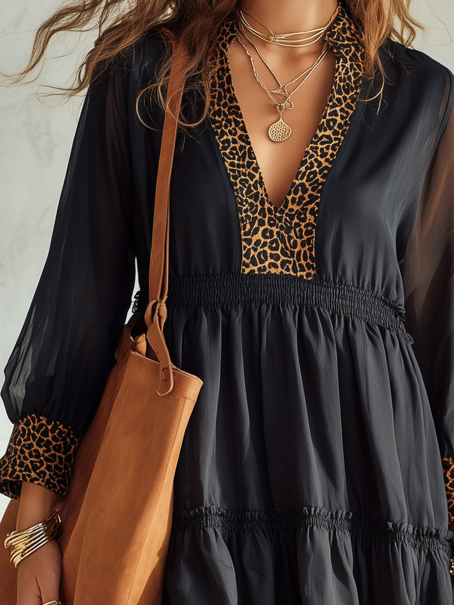 Edgy Leopard-Trimmed Chiffon Mini Dress