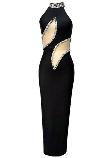 Halter Crystal Mesh Maxi Dress Black