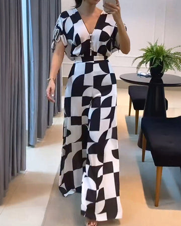 Geometric Print V-Neck Drawstring Short Sleeve Button Front Overalls Casual High Waist Zipper Back Wide Leg Jumpsuit