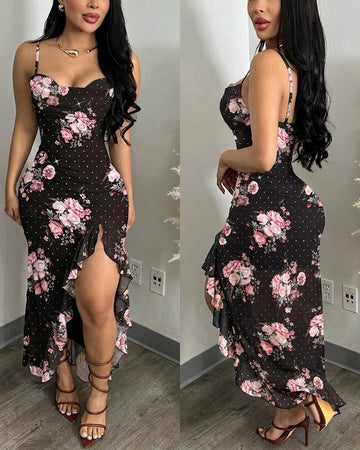 Women's Floral Cowl Neck Cami Midi Dress Casual Rhinestone Mesh Vacation Dress Slit Ruffle Hem Sundress