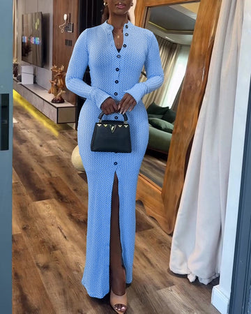 Women's Vintage Plaid Button Front Slit Maxi Dress Long Sleeve Stand Collar Slim Fit Knit Dress