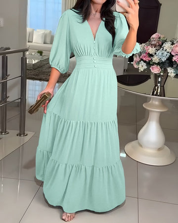 Women's V Neck Three Quarters Sleeve Maxi Dress Shirred Back Ruffle Hem Dress Elegant Flowy Chiffon Dress
