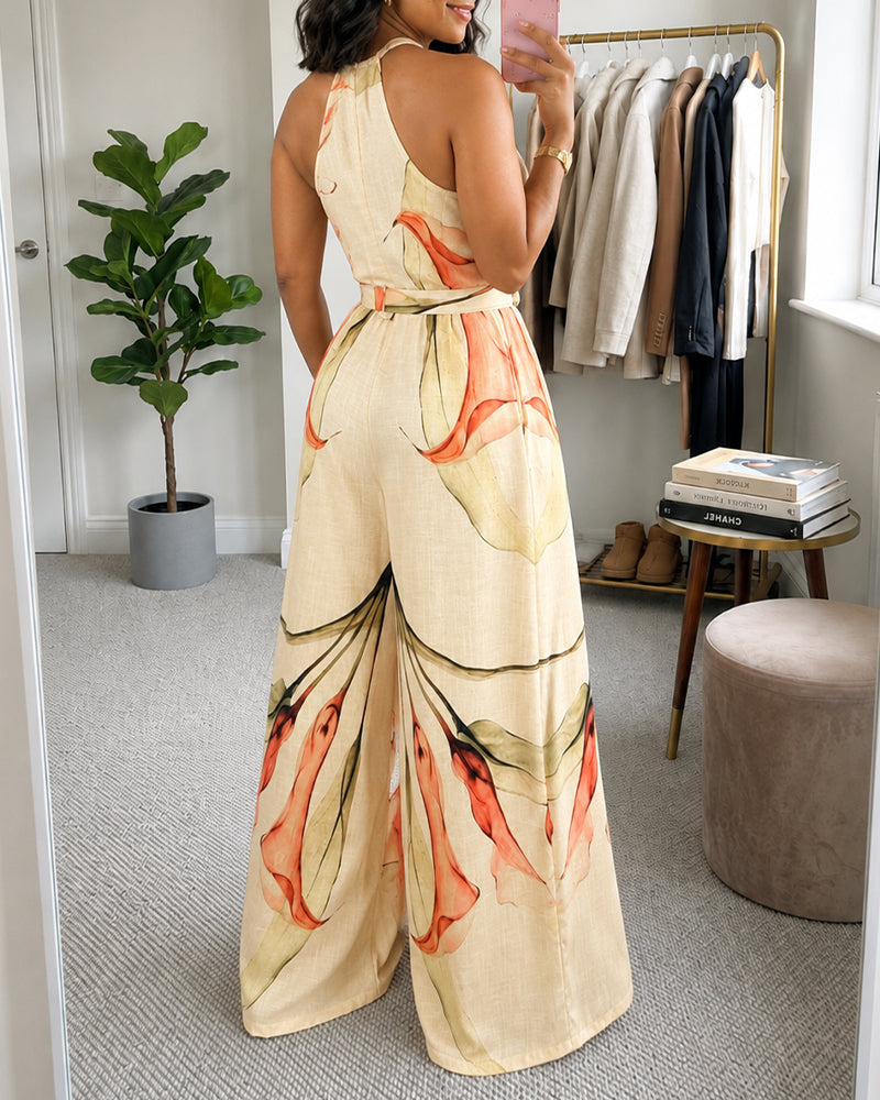 Women's Elegant Ink Floral Print Wide Leg Jumpsuit Casual Sleeveless Vacation Overalls with Belt