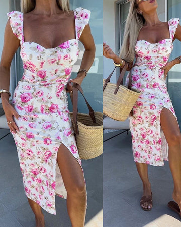 Women's Floral Midi Dress Sweetheart Neck Flutter Sleeve Side Slit Sundress Backless Vacation Dress with Built in Bra