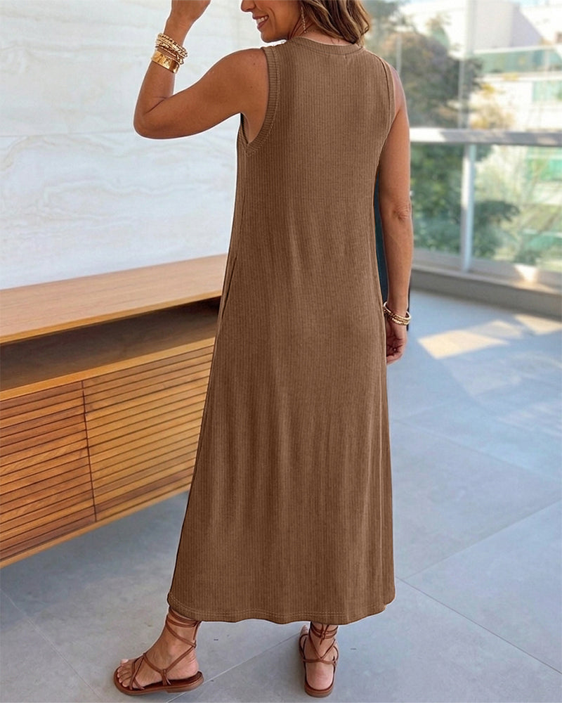 Women's Sleeveless Ribbed Knit Maxi Dress Loose A-Line Slit Tank Dress Casual Lounge Long Dress with Pockets
