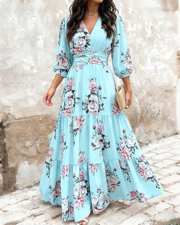Women's Floral Print Ruffle Hem Maxi Dress V-Neck Three Quarters Sleeve Shirred Back A-Line Vacation Dress