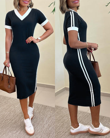 Women's Side Contrast Stripe V-Neck Dress Short Sleeve Slim Fit  Casual Dress