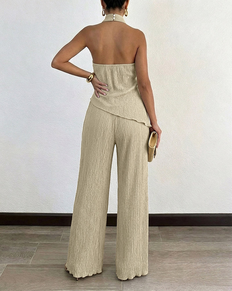 Women's Textured 2 Piece Outfits Halter Neck Backless Sleeveless Asymmetric Top and High Waist Wide Leg Pants Set