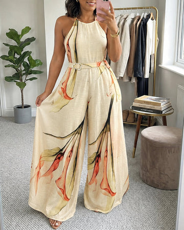 Women's Elegant Ink Floral Print Wide Leg Jumpsuit Casual Sleeveless Vacation Overalls with Belt
