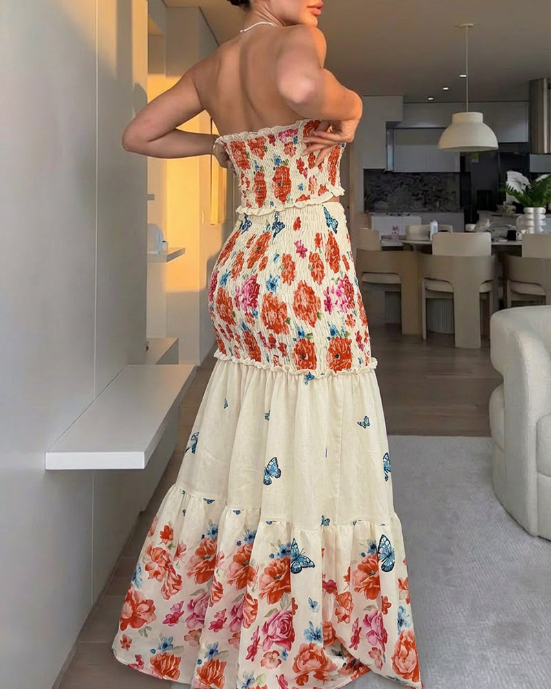 Floral & Butterfly Print Frill Trim Bandeau Tied Detail Ruched Mermaid Hem Dress Elegant Cutout Front Shirred Ruffle Hem Vacation Dress