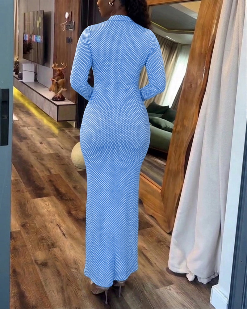 Women's Vintage Plaid Button Front Slit Maxi Dress Long Sleeve Stand Collar Slim Fit Knit Dress