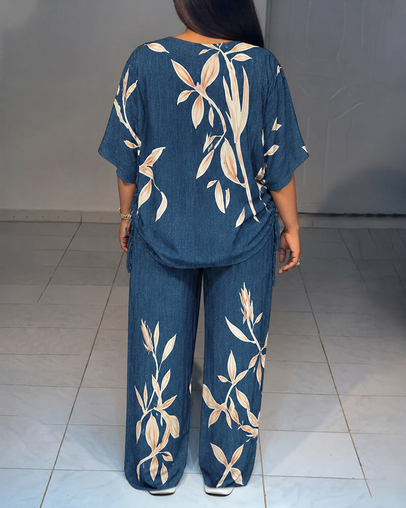 Women's Tropical Plants Print 2 Piece Outfits V Neck Drawstring Ruched Top and Wide Leg Pants Set Casual Loose Loungewear