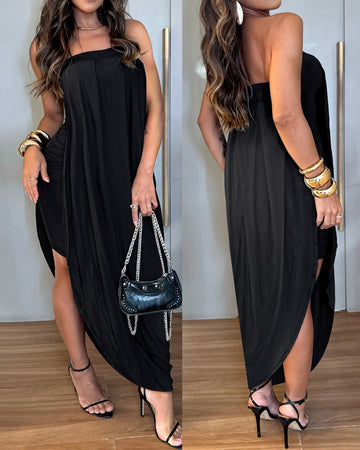 Women's Faux Two-Piece Dress Strapless Tube Dress Ruched Asymmetric Hem Dress with Detachable Clear Straps