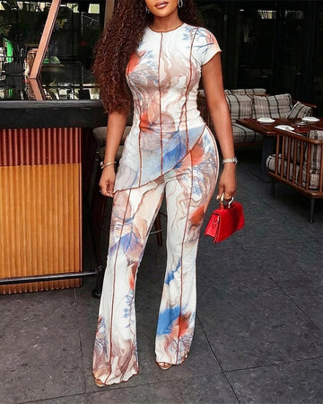 Women's 2 Piece Mesh Set Vintage Print Short Sleeve Top and High Waisted Flare Pants Set with Lining