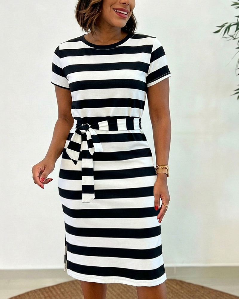 Women's Casual Striped Midi Dress Short Sleeve Crewneck Tie Waist T Shirt Dress Side Slit Commuting Dress