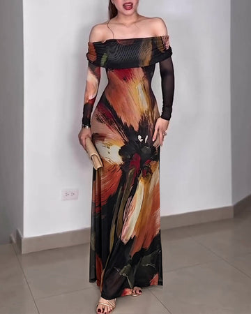Women's Oil Painting Print Foldover Off-Shoulder Mesh Overlay Maxi Dress Long SleeveRuched Mermaid Long Dress