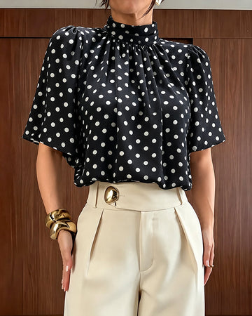 Women's Mock Neck Chiffon Blouse Polka Dot Ruched Elegant Flared Sleeve Top Casual Office Commute Shirt