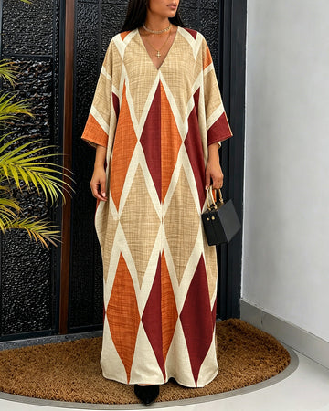Women's Oversized Argyle Kaftan Maxi Dress V Neck Batwing Sleeve Hollow-out Beach Robe Long Dress with Pockets