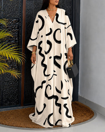 Women's Abstract Print Caftan Dress Loose V Neck Batwing Sleeve Maxi Dress Hollow Out Long Robe with Pockets