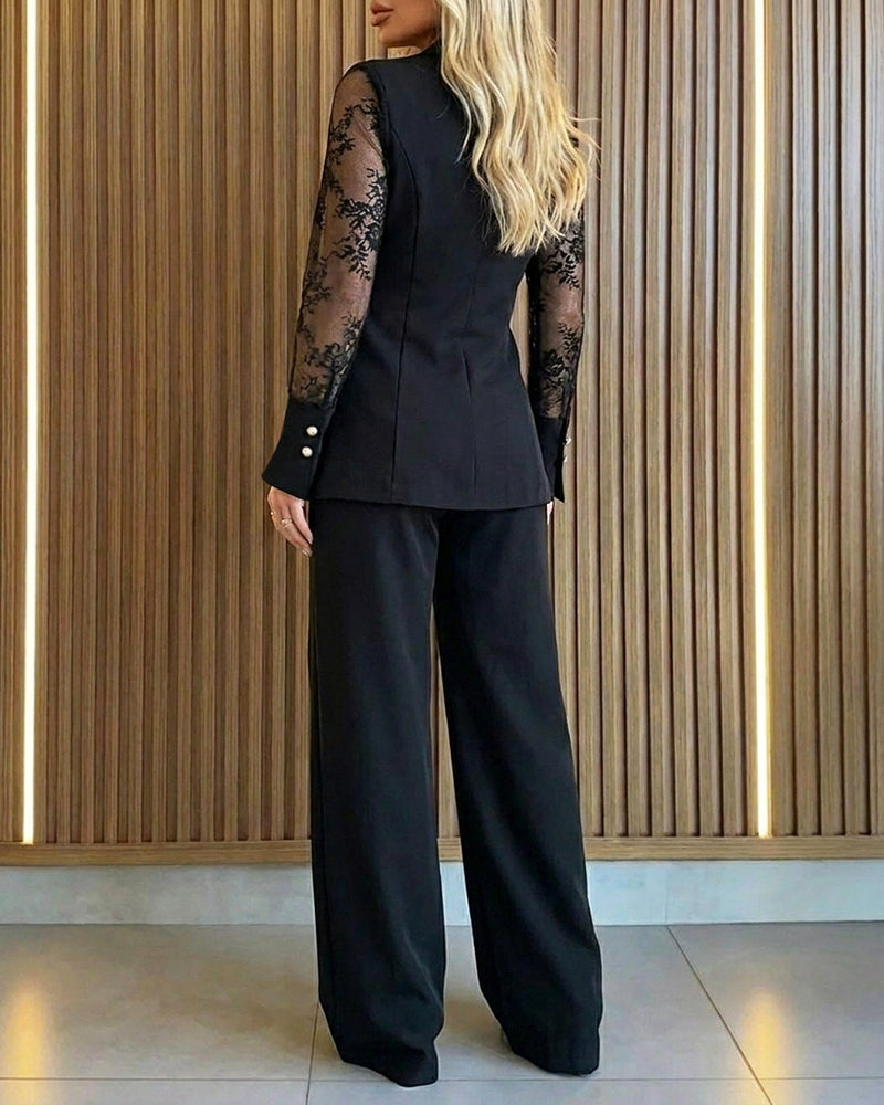 Women's 2 Piece Blazer Suit Set Elegant Lace Patchwork Long Sleeve Coat and High Waisted Straight Leg Pants
