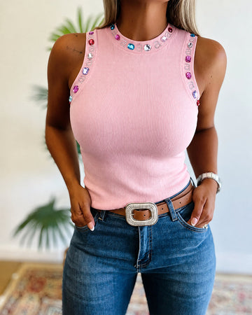 Women's Rhinestone Ribbed Tank Top Casual Crystal Trim Sleeveless Tee Slim Fit Knit Top