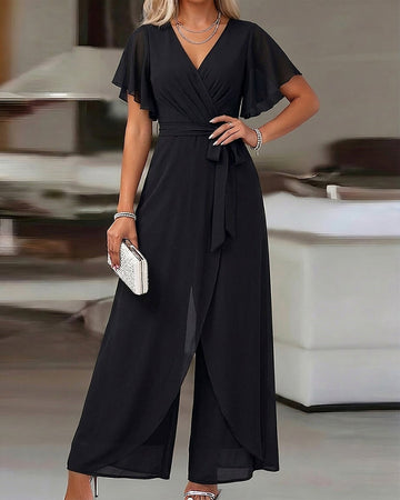 Women's Overlap V Neck Jumpsuit Butterfly Sleeve Wide Leg Romper Tied Waist Shirred Back Split Leg Overalls
